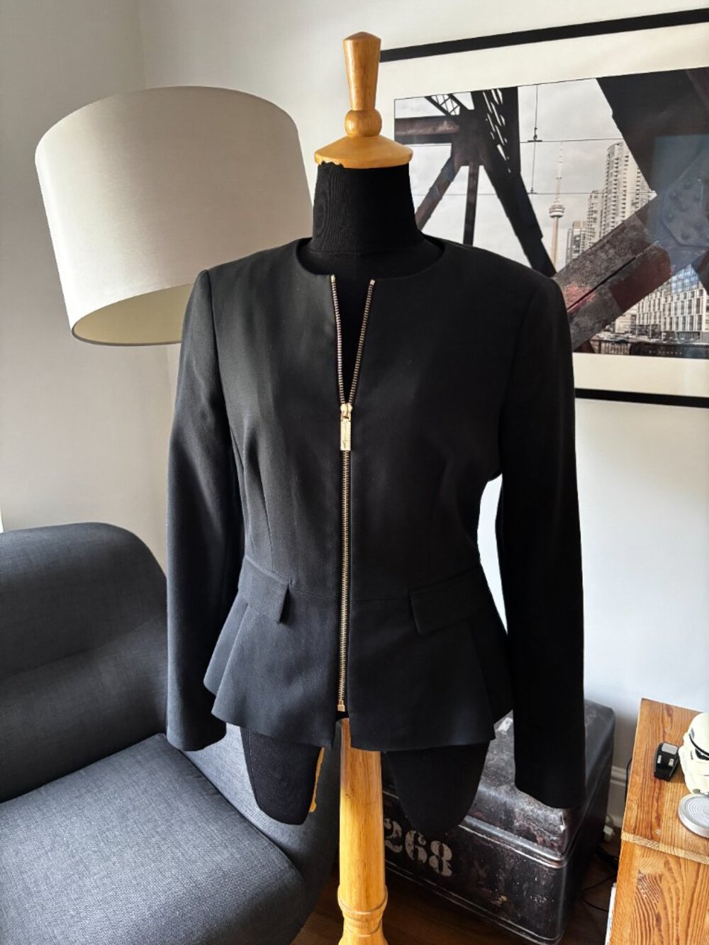Ted Baker Black Tailored Gold Zip Jacket Blazer Floral Print Size 1 (US 4)